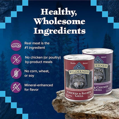 Blue Buffalo Wilderness High Protein Beef and Chicken & Salmon and Chicken Wet Dog Food Variety Pack for Adult Dogs,Grain-Free,12.5 oz Cans,(Pack of 12)