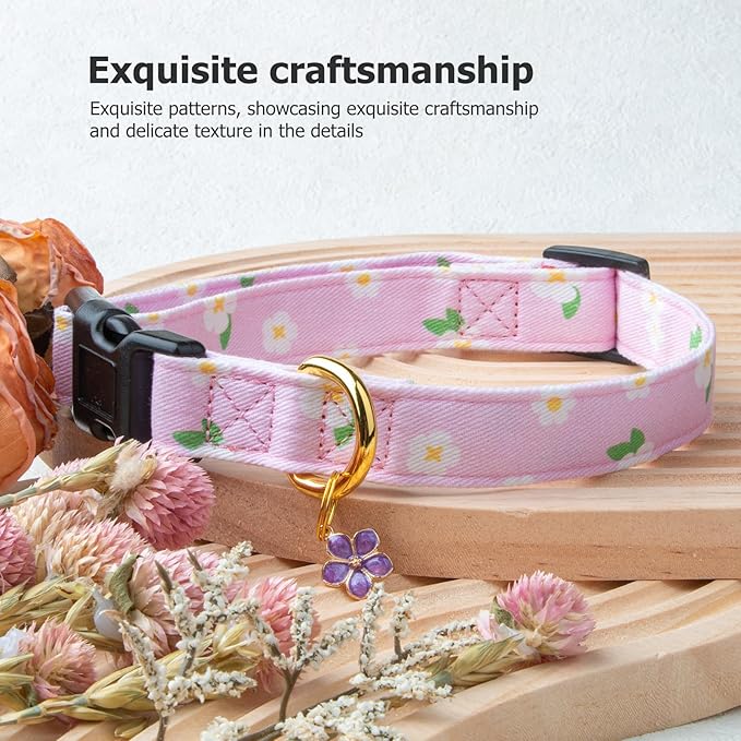 Cotton Handmade Dog Collar Cute and Distinctive Patterns Purple Flower with Pendant for Girl Boy Dogs Collars L
