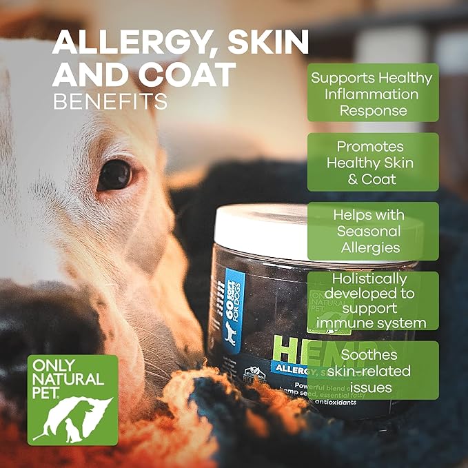 Only Natural Pet Allergy, Skin & Coat Hemp Soft Chews - Allergy Immune Bites for Dogs, Omega 3 Supplement, Calming Treats for Itchy Skin Relief, Hot Spot - (60 Count) (AL.)