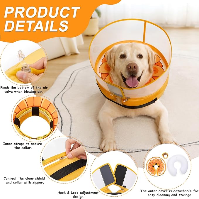 Inflatable Dog Cone Collar with Enhanced Anti-Licking, Soft Neck Donut for Dogs Cats, Recovery Pet Cone Collar After Surgery for Large Medium Small Dogs (Yellow Flower, X-Large)