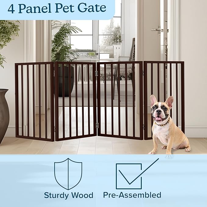 Pet Gate - 4-Panel Indoor Foldable Dog Fence for Stairs, Hallways, or Doorways - 73x24-Inch Freestanding Dog Gates by PETMAKER (Brown)