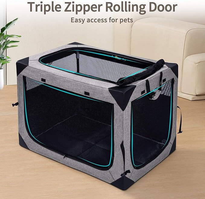 Hiaksedt Dog Crates - 36 Inch Collapsible Soft Dog Crate, 3-Door Foldable Soft Kennel for Large Dogs, Portable Pet Travel Cage with Chew Proof Mesh Window for Outdoors