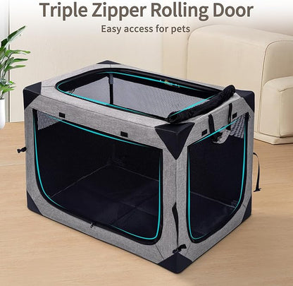 Hiaksedt Dog Crates - 36 Inch Collapsible Soft Dog Crate, 3-Door Foldable Soft Kennel for Large Dogs, Portable Pet Travel Cage with Chew Proof Mesh Window for Outdoors