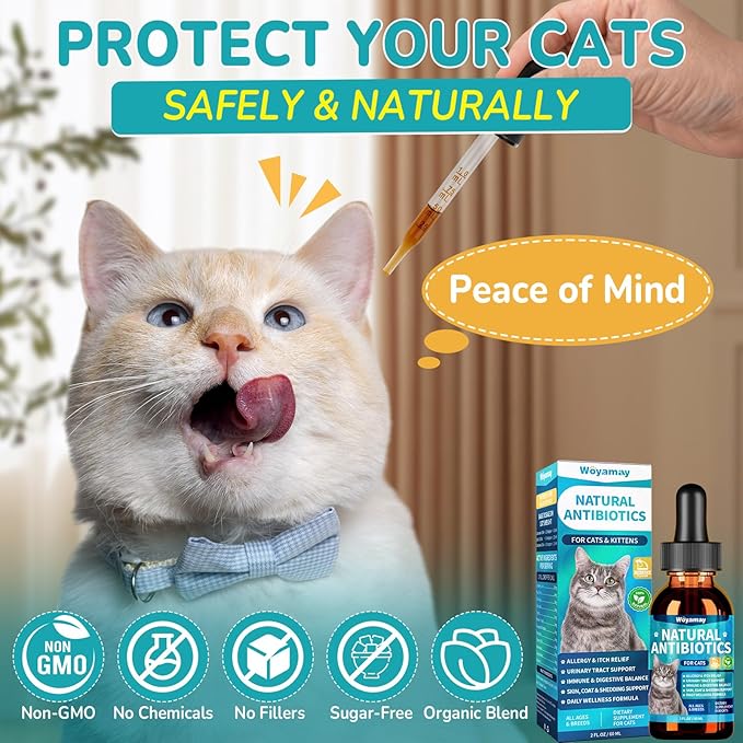 Woyamay Antibiotics for Cats, Natural Antibiotic for Allergy Relief, Urinary Tract Health, Itch Relief & Digestion Care, Cat Allergy Relief for Cats, Cat Immune Support Supplement, 2 Fl Oz