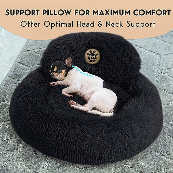 PetJett Calming Dog Bed for Small Dogs – 23" Donut Dog Beds, Anti-Slip & Washable Fluffy Plush Faux Fur Pet Bed, Anti-Anxiety Premium Comfort Round Puppy Bed, Fits Dogs up to 25 lbs – Black