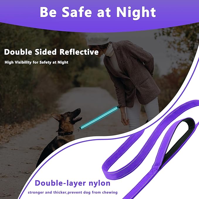 Dog Leash 4ft Long, Double Handle Dog Leash for Safety Control Training, Heavy Duty Dogs Leads with Traffic Padded Handles, Reflective Leashes for Small Medium Large Dogs(4ft, Purple)