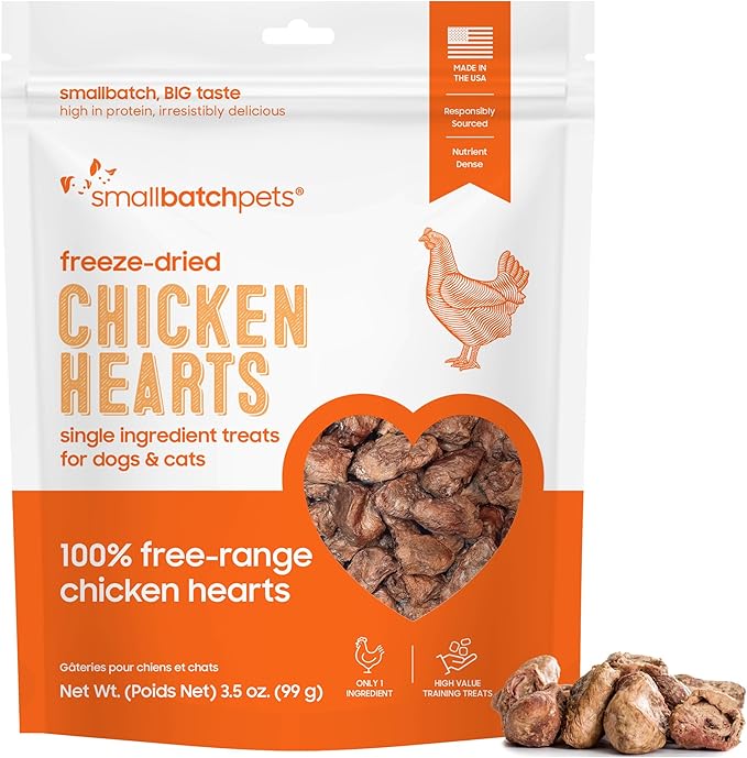 smallbatch Pets Premium Freeze-Dried Chicken Heart Treats for Dogs and Cats, 3.5 oz, Made and Sourced in The USA, Single Ingredient, Humanely Raised Meat, No Preservatives or Anything Artificial Ever