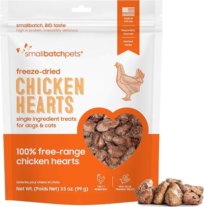 smallbatch Pets Premium Freeze-Dried Chicken Heart Treats for Dogs and Cats, 3.5 oz, Made and Sourced in The USA, Single Ingredient, Humanely Raised Meat, No Preservatives or Anything Artificial Ever