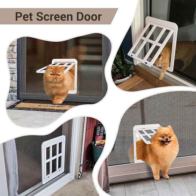 Dog Door for Screen Door - 8.3" x 10.3" Small Pet Door for Cats & Small Dogs, Magnetic Flap with Lockable Insert, Sliding Screen Door Compatible, White