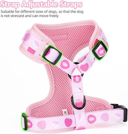 Dog Harness and Leash Set, Adjustable Dog Harness, Dog Leash, No Pull No Choke Puppy Harnesses for Walking Training for Small Medium Pet (Strawberries, M(Chest 15.7-22.1", Neck 12-15"))