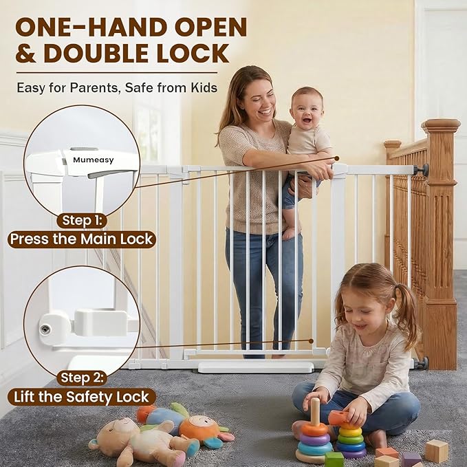 Mumeasy 29.7-57" Extra Wide Baby Gate for Doorways, Auto Close Dog Gate Indoor for Stairs, No-Drill Pressure Mounted Pet Gate with Door, Easy Walk Thru Long&Large Safety Gate for House, Outdoor, White