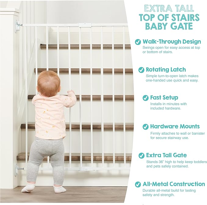 Regalo 2-in-1 Extra Tall Easy Swing Stairway and Hallway Walk Through Baby Gate, White, 24" - 40.5" Wide