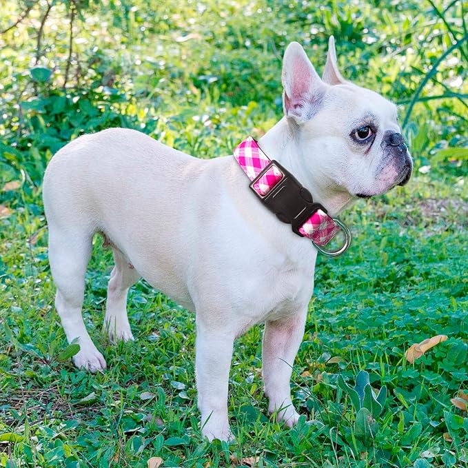Ladoogo Reflective Dog Collar Padded with Soft Neoprene Breathable Adjustable Nylon Dog Collars for Small Medium Large Dogs (Small (Pack of 1), Pink Plaid Collar+Leash)