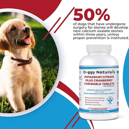 Potassium Citrate Plus Cranberry with Magnesium Supplement for Dogs (60 Tablets) - Urinary Tract Support - Helps Deter Formation of Calcium Oxalate Stones-Deters Bladder & Kidney Stones(Made in U.S.A)