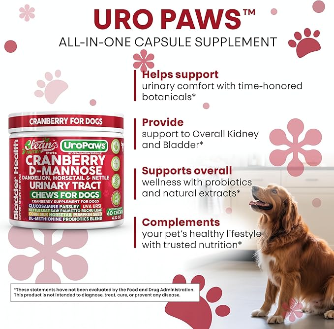 Dog UTI Treatment | Cranberry for Dogs | Urinary Tract Bladder Control | D-Mannose Dandelion Glucosamine HCL Marshmallow Nettle Leaf Saw Palmetto Uva Ursi Horsetail Beef Flavor by Clean Nutra Pets