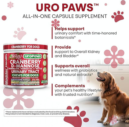 Dog UTI Treatment | Cranberry for Dogs | Urinary Tract Bladder Control | D-Mannose Dandelion Glucosamine HCL Marshmallow Nettle Leaf Saw Palmetto Uva Ursi Horsetail Beef Flavor by Clean Nutra Pets
