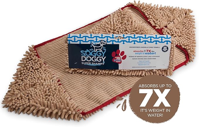Soggy Doggy Super Shammy Dog Towel – Absorbent Microfiber Chenille Pet Towel for Drying Wet Dogs, Muddy Paws, Quick Dry Dog Shammy with Hand Pockets, Machine Washable – Beige/Red Trim, 31” x 14”