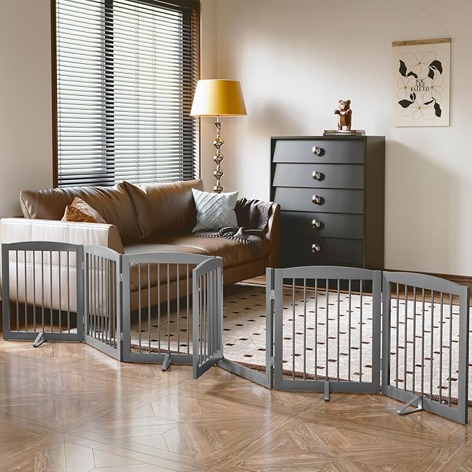 PUPETPO Freestanding Pet Gates with Walk Through Door, Dog Indoor Fence, Dog Gate for The House, Doorway, Stairs, Extra Wide Pet Gate, Support Feet Included, 120 Inch Wide, 6 Panels 24" Tall, Gray