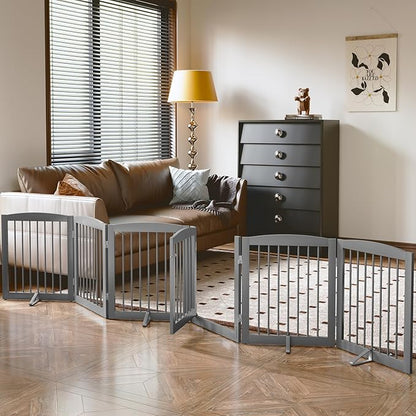PUPETPO Freestanding Pet Gates with Walk Through Door, Dog Indoor Fence, Dog Gate for The House, Doorway, Stairs, Extra Wide Pet Gate, Support Feet Included, 120 Inch Wide, 6 Panels 24" Tall, Gray