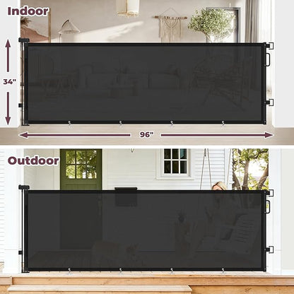 96" Retractable Baby Gates Large Openings, Extra Wide Mesh Dog Gate for Garage Deck Porch, Strong Suction Disc Prevent Crawling Under, 34" Tall Long Safety Gate for Child Indoor Outdoor, Black