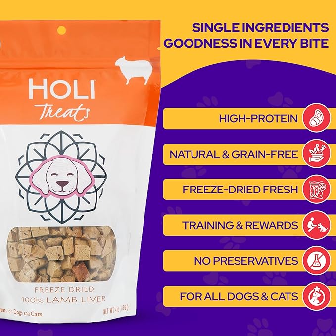 HOLI Freeze Dried Lamb Liver Dog Treats – Single Ingredient Freeze-Dried Dog Treats – Dried Lamb Liver Dog Treats Made in USA – Healthy Liver Treats for Dogs & Diabetic Dog Treat-Friendly - 4oz