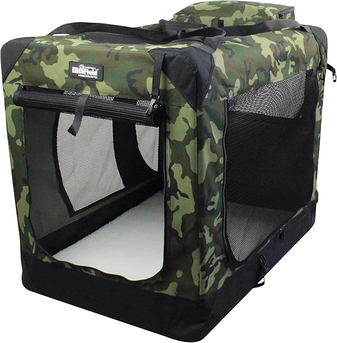 EliteField 3-Door Folding Soft Dog Crate with Carrying Bag and Fleece Bed (2 Year Warranty), Indoor & Outdoor Pet Home (42" L x 28" W x 32" H, Camo)