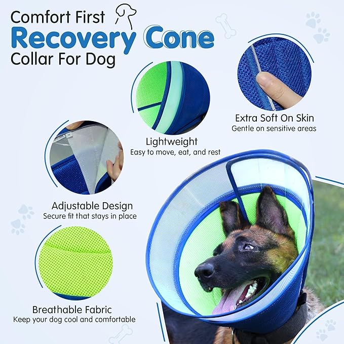 Soft Dog Cone Collar After Surgery – Adjustable Recovery Cone for Medium & Large Dogs – Double-Layer Protective Elizabethan Collar for Wound Protection & Licking Prevention – Comfortable - Blue