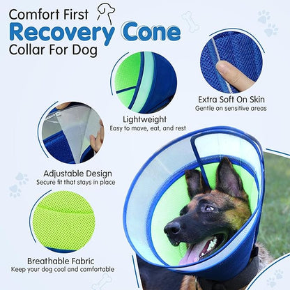 Soft Dog Cone Collar After Surgery – Adjustable Recovery Cone for Medium & Large Dogs – Double-Layer Protective Elizabethan Collar for Wound Protection & Licking Prevention – Comfortable - Blue