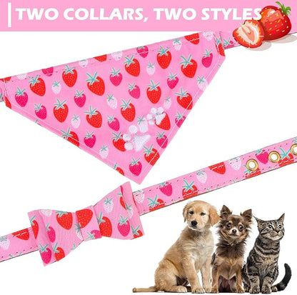 EXPAWLORER Small Collar and Leash Set - Embroidery Pawprints with Bow Tie and Bandana Collar with Bell, Soft Tangle Free Leash for Dogs Cats Outdoor Walking, Holiday Ideal Gift Pink Strawberry S