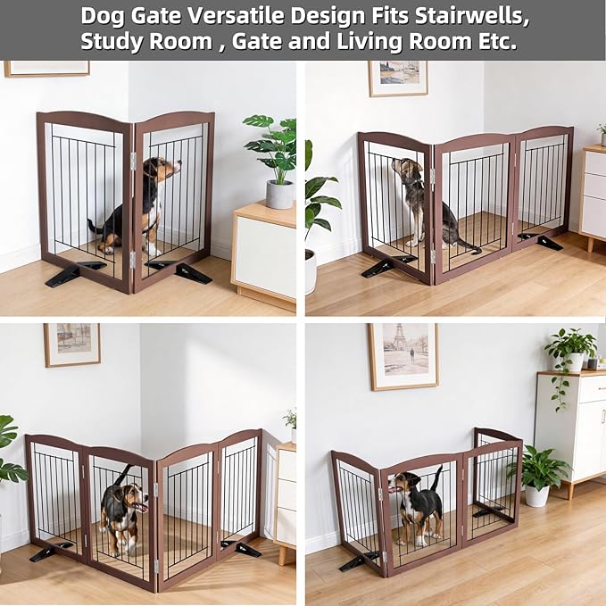 ZJSF Freestanding Dog Fence Indoor, Foldable Dog Gate for Doorways, Stairs or Hallways, Sturdy Wood Extra Wide Pet Gate with Support Feet for The House, Brown, 24 "Height-2 Panels