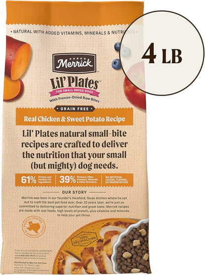 Merrick Lil’ Plates Grain Free Dry Dog Food For Small Dogs, Chicken And Sweet Potato Kibble With Raw Bites - 4.0 lb. Bag
