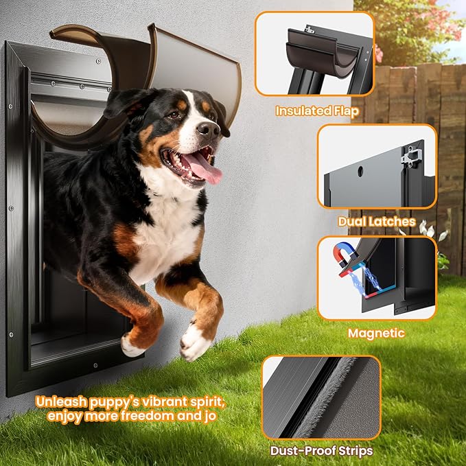 XL Dog Door for Wall, All Aluminum Extra Large Dog Door, Heavy Duty Pet Door Easy to Install, 2 Magnetic Flaps Energy Efficient, Telescoping Tunnel for Exterior Walls, Pet Up to 220 Lb-Black