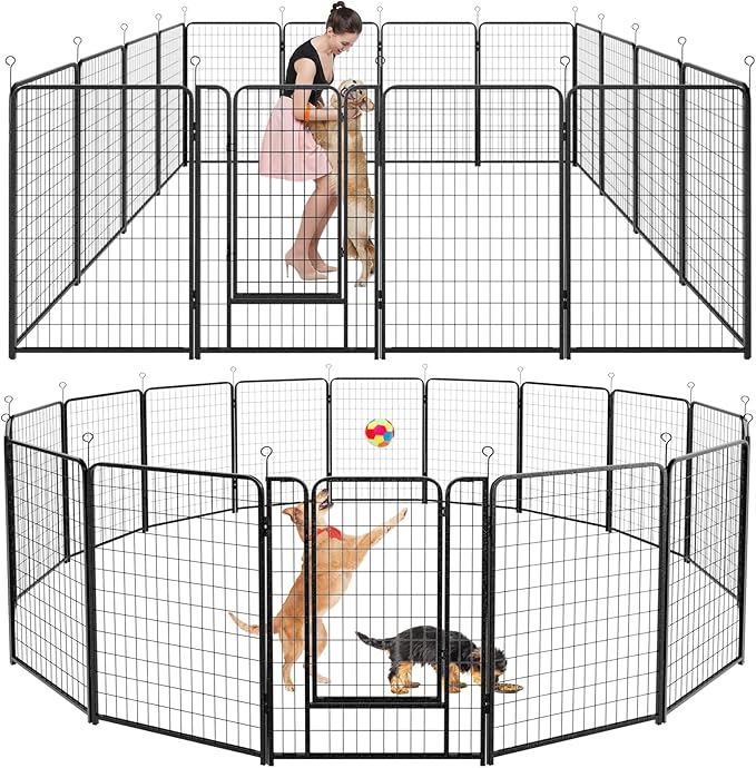 Kfvigoho Dog Playpen Outdoor Extra Wide 16 Piece Panels Heavy Duty Dog Fence 50" Height Anti-Rust with Doors Portable for RV Camping Yard, Total 42FT, 140 Sq.ft, Snowy Black