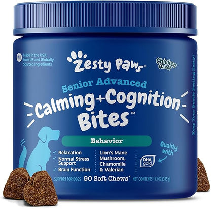 Zesty Paws Senior Advanced Calming & Cognition Soft Chews for Dogs - Supplements for Dog Brain Health & Nervous System Support + Calming & Relaxation -with Ashwagandha & DHA
