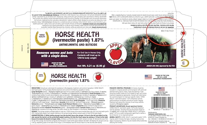 Horse Ivermectin Paste 1.87% – Apple Flavored Oral Equine Dewormer Syringe – 6.08g Tube Treats Horses Up to 1250 lbs (3-Pack)