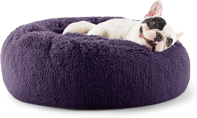 Bedsure Calming Dog Bed for Small Dogs - Donut Washable Small Puppy Bed, 23 inches Anti-Slip Round Fluffy Plush Faux Fur Large Cat Bed, Fits up to 25 lbs Pets, Purple