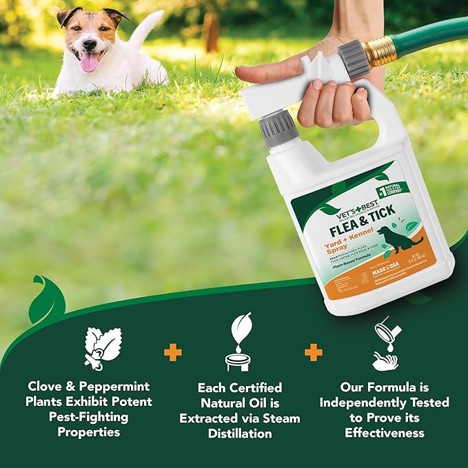 Vet's Best Flea and Tick Yard and Dog Kennel Spray, Mosquito Repellent with Certified Natural Oils, Plant Safe with Ready-to-Use Hose Attachment, Flea and Tick Prevention for Dogs, 32 oz