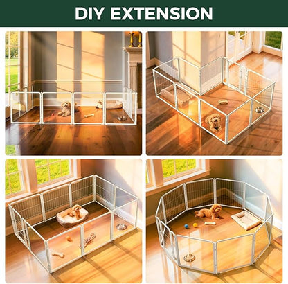 FXW AuraSpace Pro Acrylic & Wire Mesh Indoor Dog Playpen, 24" Height 10 Panels Metal Dog Pen for Puppies & Small Dogs, White│Patented
