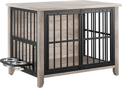 Lulive Dog Crate Furniture, Wooden Dog Kennel Indoor with Adjustable 360°& Height Dog Bowls, Double Doors Furniture Dog Crates End Table for Small/Medium 31.5" L*22.5" W*25.6" H, Grey