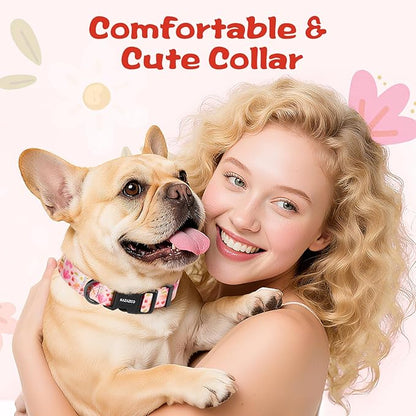 Kazazoo Dog Collar Cute and Soft Nylon Puppy Collar Girl, Adjustable Dog Collars for Small Medium Dogs, Pink Flowers-M