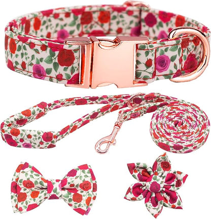 Dog Collar and Leash Set Girls Adjustable Puppy Collars with Floral Bow Tie for Small Medium Large Female Dogs, Red Rose, S