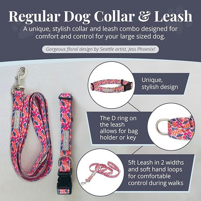 Lucky Love Dog - Easy Click Buckle Dog Collar with Leash Set Combo, Durable & Comfortable for Male & Female Dogs, Pet Collar for Large Dogs, Secure Fit - Floral Rosie Combo, Large