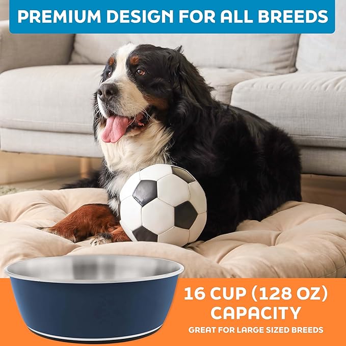 Master Pet Supply Stainless Steel Dog Bowls Set of 2 (128 Oz Each) with Non-Slip Rubber Base - Navy Blue - Basic Dog Food Bowl Water & Food Bowls for Small Medium Large Dogs & Cats, Metal Dish
