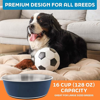 Master Pet Supply Stainless Steel Dog Bowls Set of 2 (128 Oz Each) with Non-Slip Rubber Base - Navy Blue - Basic Dog Food Bowl Water & Food Bowls for Small Medium Large Dogs & Cats, Metal Dish