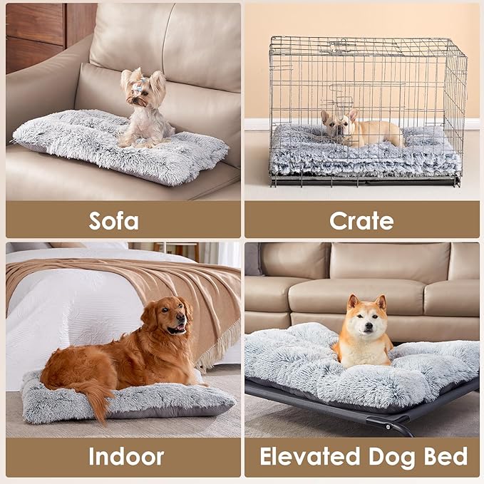 EHEYCIGA Fluffy Dog Crate Bed for Extra Large Dogs, Plush Faux Fur Pad, Calming Anti Anxiety XL Bed for Crate, Washable Soft Warm Dog Mat with Non-Slip Bottom, Grey (Pack of 2)