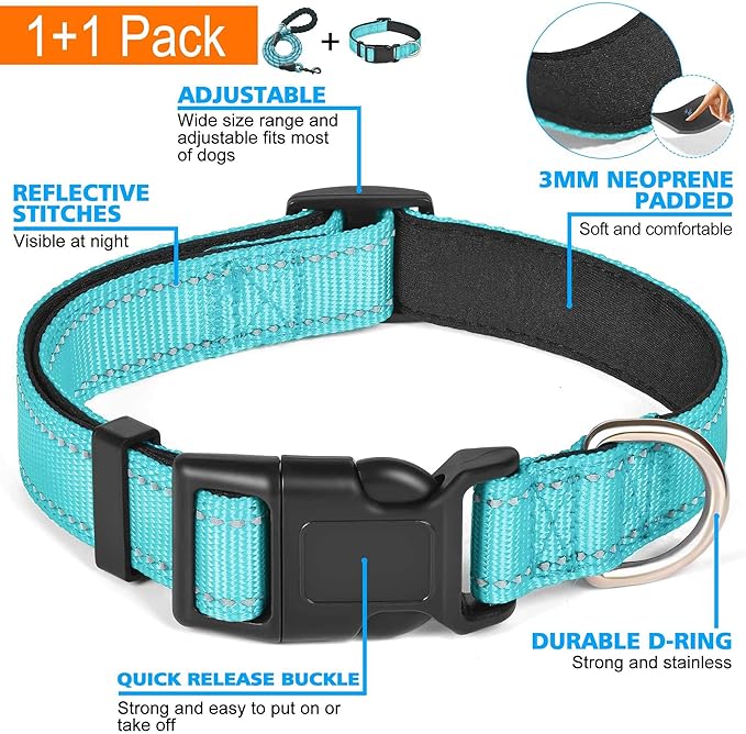 Ladoogo Reflective Dog Collar Padded with Soft Neoprene Breathable Adjustable Nylon Dog Collars for Small Medium Large Dogs (X-Small (Pack of 1), Blue Collar+Leash)