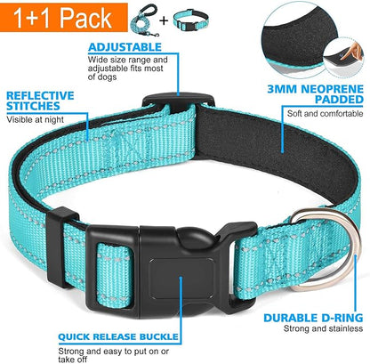 Ladoogo Reflective Dog Collar Padded with Soft Neoprene Breathable Adjustable Nylon Dog Collars for Small Medium Large Dogs (Medium (Pack of 1), Blue Collar+Leash)