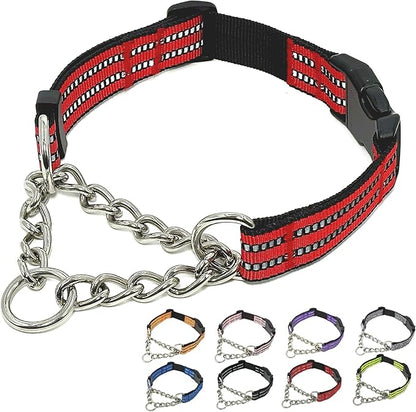 Martingale Dog Collars, Reflective Nylon Collar with Stainless Steel Chain, Adjustable Walking Training Dog Collars with Quick Release Buckle, Suitable for Small Medium Large Dogs(Red,S)