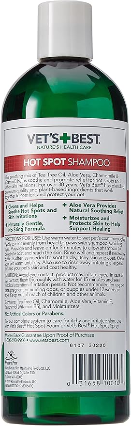 Vet's Best Hot Spot Dog Shampoo, Natural Itch Relief for Dogs with Dry Skin, Rash, Scratching, Licking, Sensitive Skin, Aloe & Chamomile Formula, Veterinarian Formulated, Made in USA, 16 oz