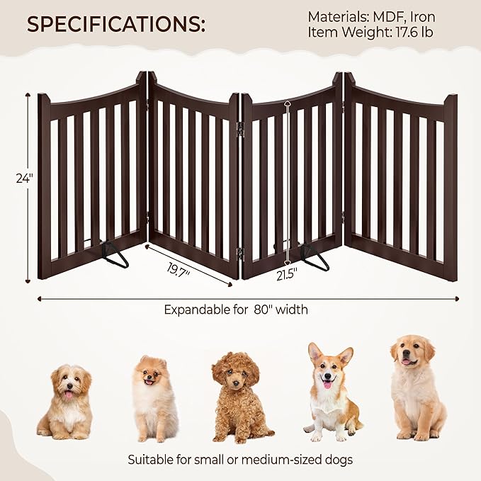 Yaheetech 24" H Freestanding Pet Gate for Dogs Wooden Dog Gates for Hallway, Doorway Collapsible Indoor Pet Fence with Support Feet Stair Barrier 4 Panels Fence Espresso
